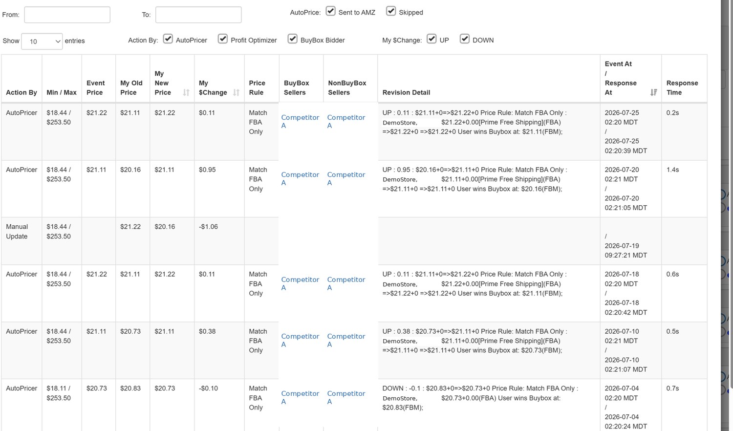Every revision logged, with the response time beside it. Zoom in for the detail.