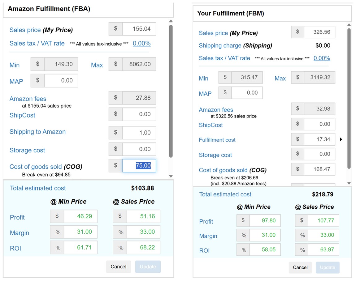 Amazon fees, shipping and storage in — profit, margin and ROI out, for FBA and FBM alike.