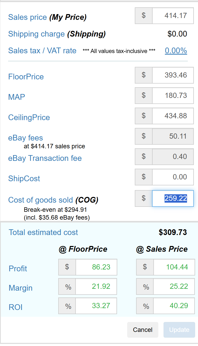 eBay Profit Calculator showing profit, margin and ROI at your floor price and your sale price.