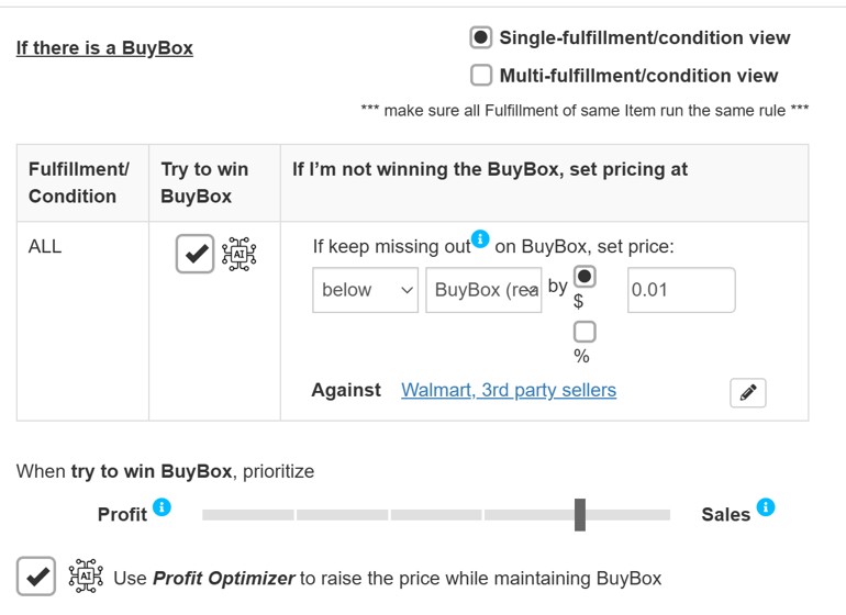 Tick the goal, set the profit-versus-sales balance, and the engine does the rest — against Walmart and third-party sellers.
