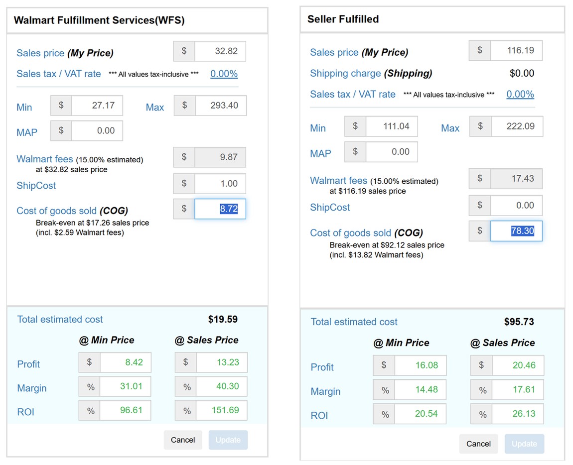 Walmart fees applied correctly for WFS and Seller Fulfilled — profit shown at Min and at your selling price.